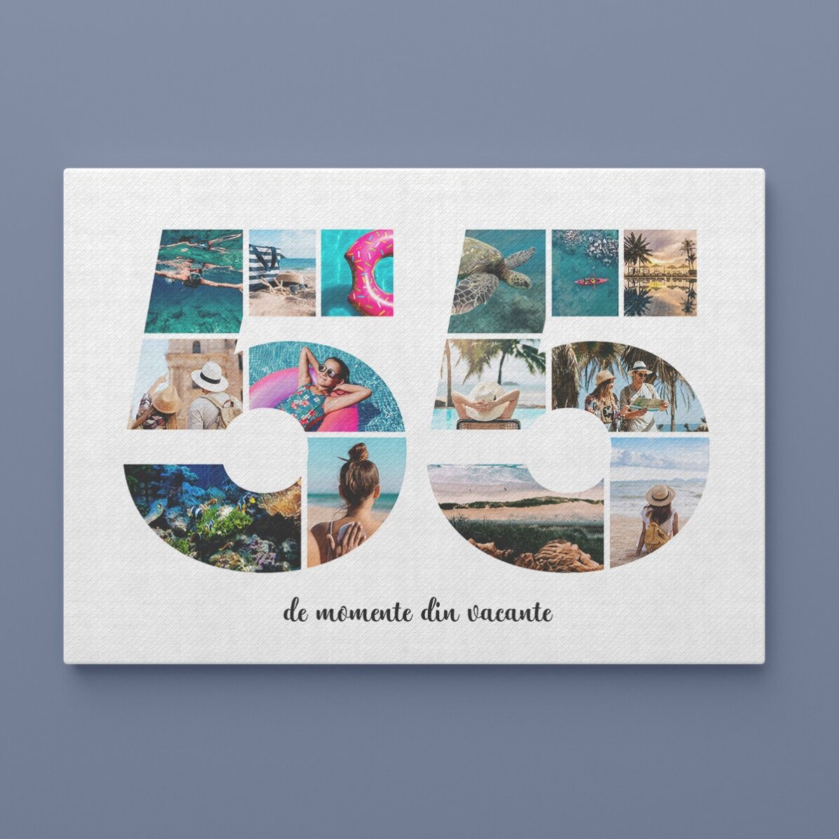 Personalised landscape canvas with 14 photos, model number 55, and text message