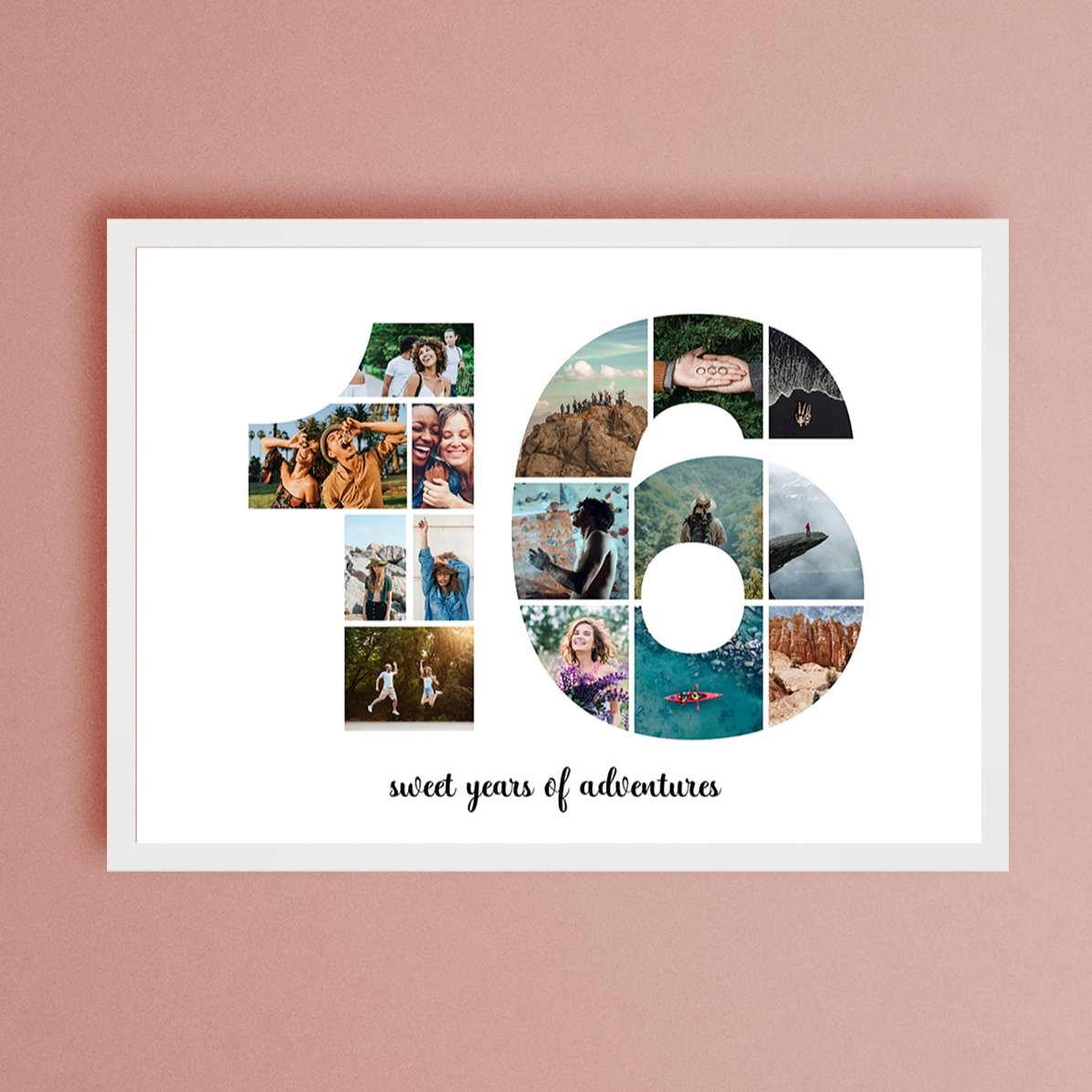 Personalised landscape canvas with 15 photos, model number 16 and text message