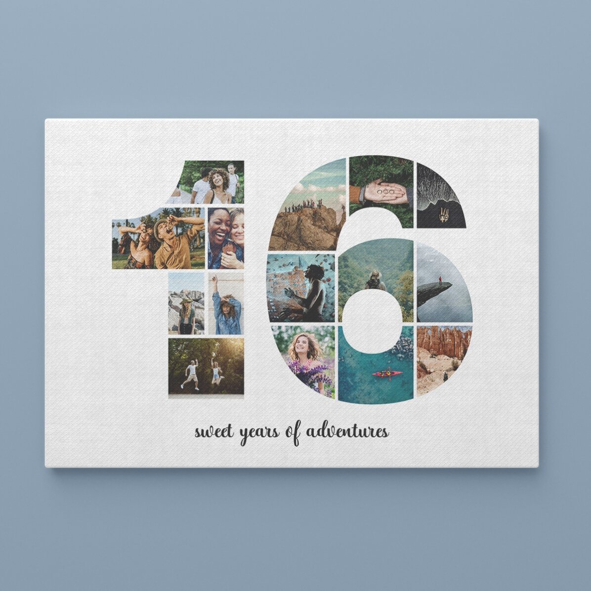 Personalised landscape canvas with 15 photos, model number 16 and text message