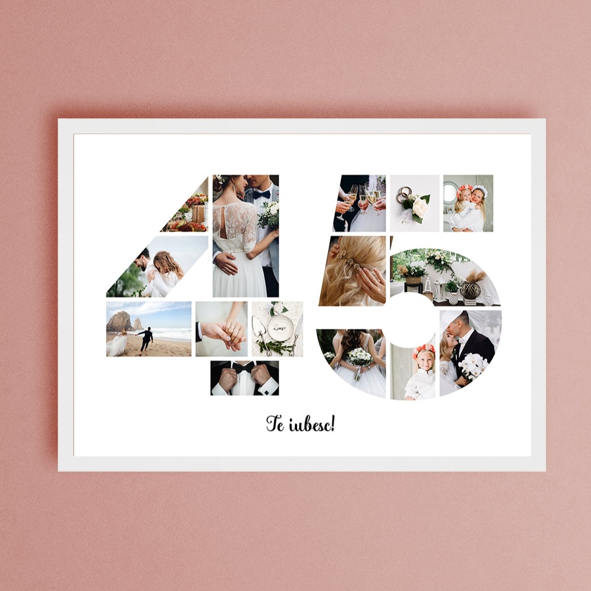 Personalised landscape canvas with 15 photos, model number 45, and text message