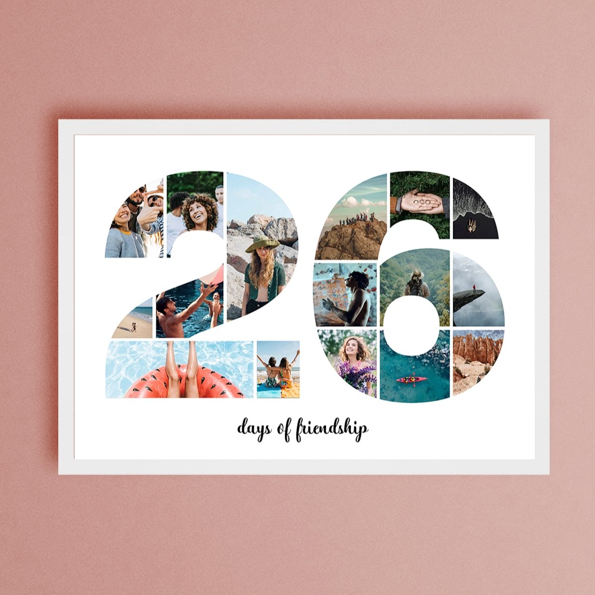 Personalised landscape canvas with 16 photos, model number 26, and text message