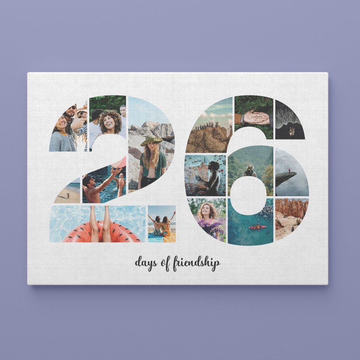 Personalised landscape canvas with 16 photos, model number 26, and text message