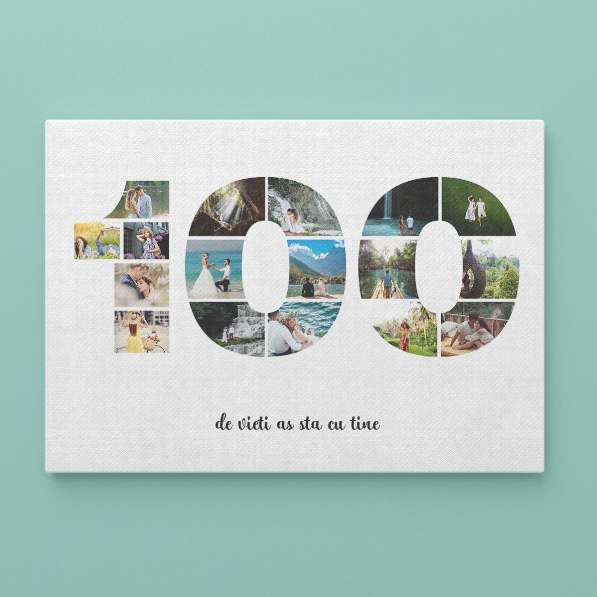 Personalised landscape canvas with 17 photos, model number 100 and text message