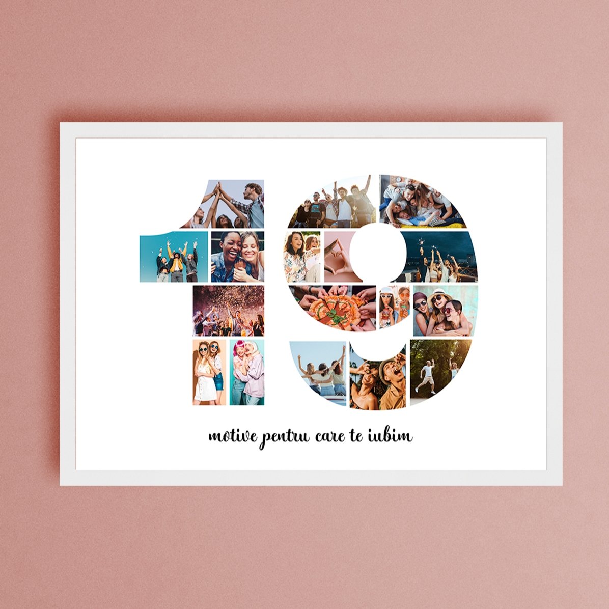 Personalised landscape canvas with 17 photos, model number 19 and text message
