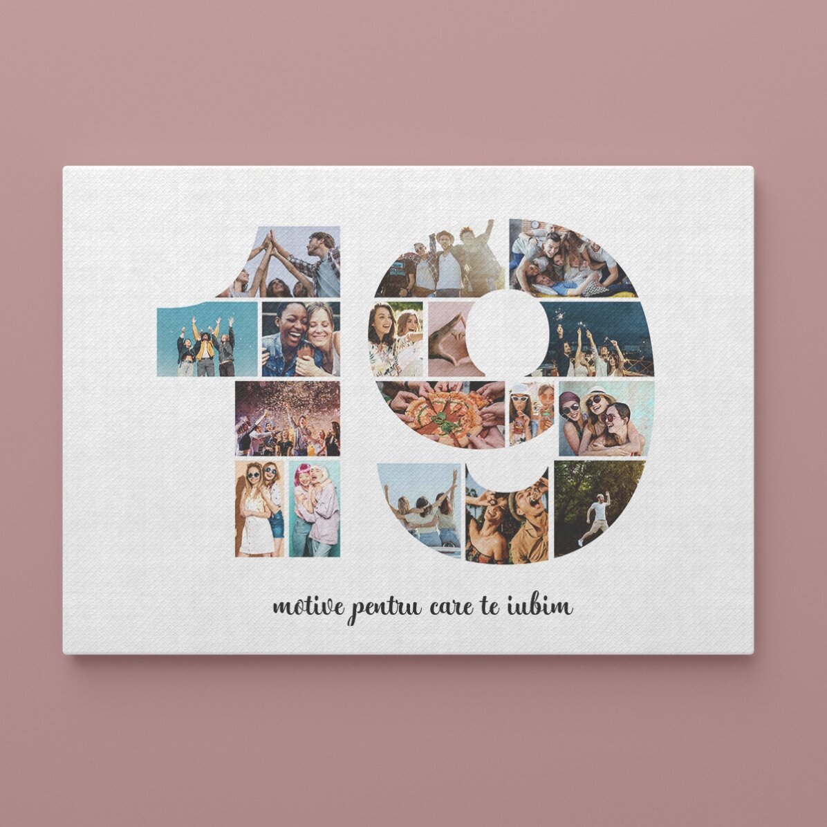 Personalised landscape canvas with 17 photos, model number 19 and text message