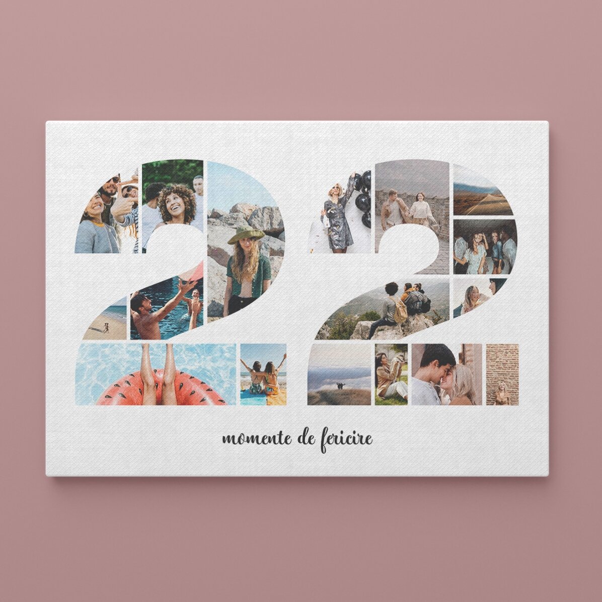 Personalised landscape canvas with 17 photos, model number 22, and text message