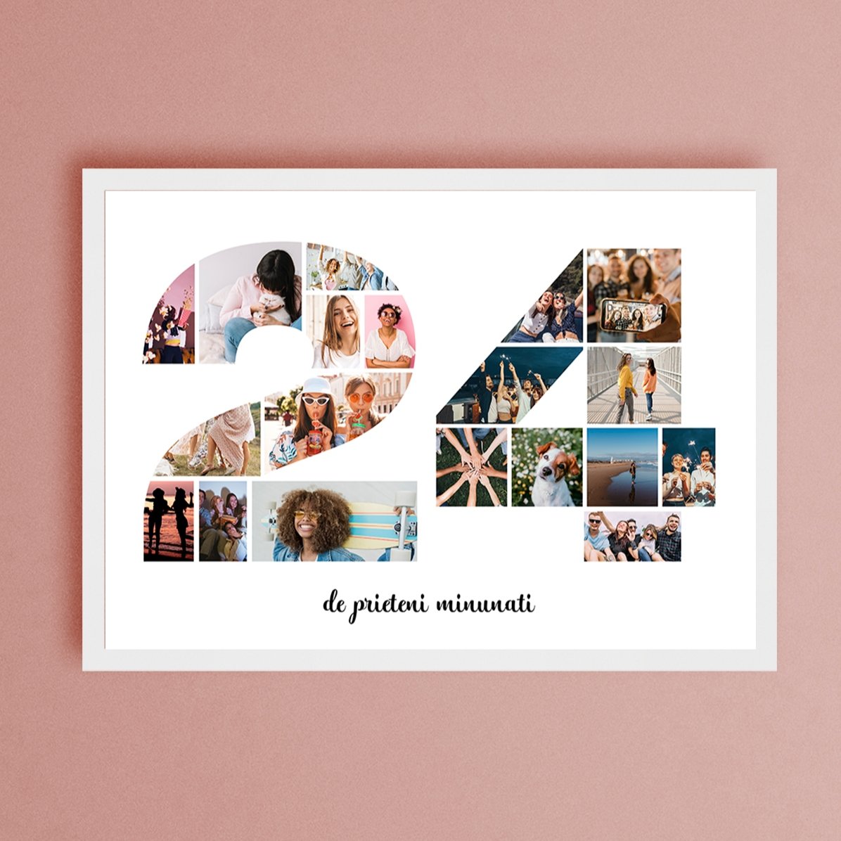 Personalised landscape picture frame with 19 photos, model number 24, and text message