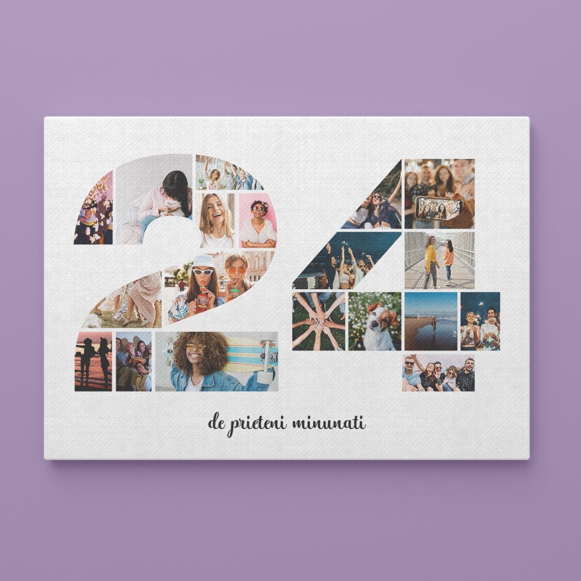 Personalised landscape picture frame with 19 photos, model number 24, and text message