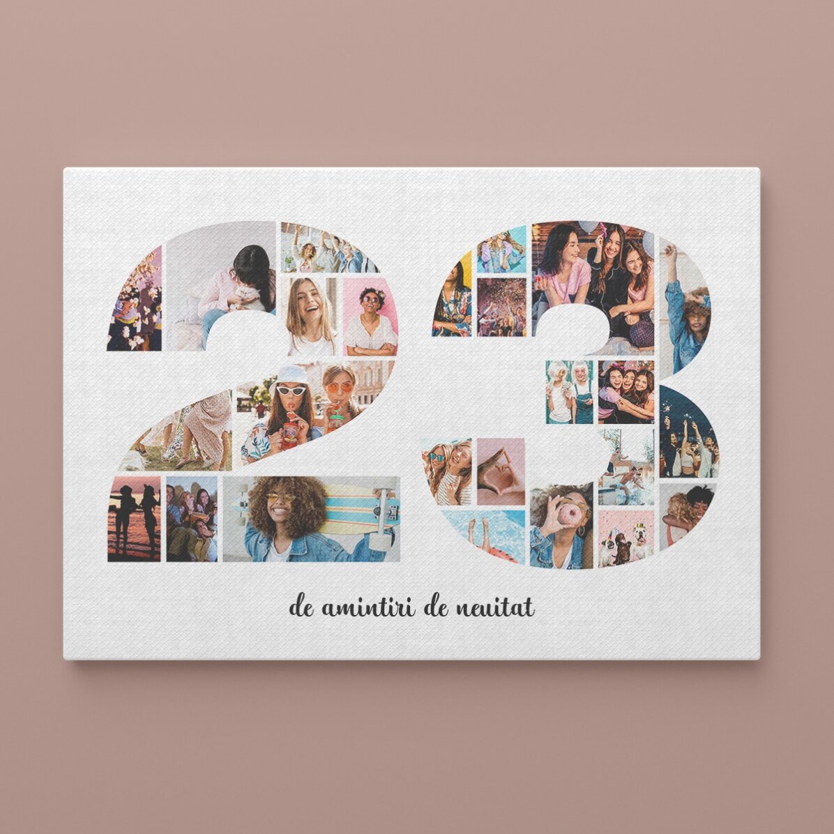 Personalised landscape canvas with 25 photos, model number 23, and text message