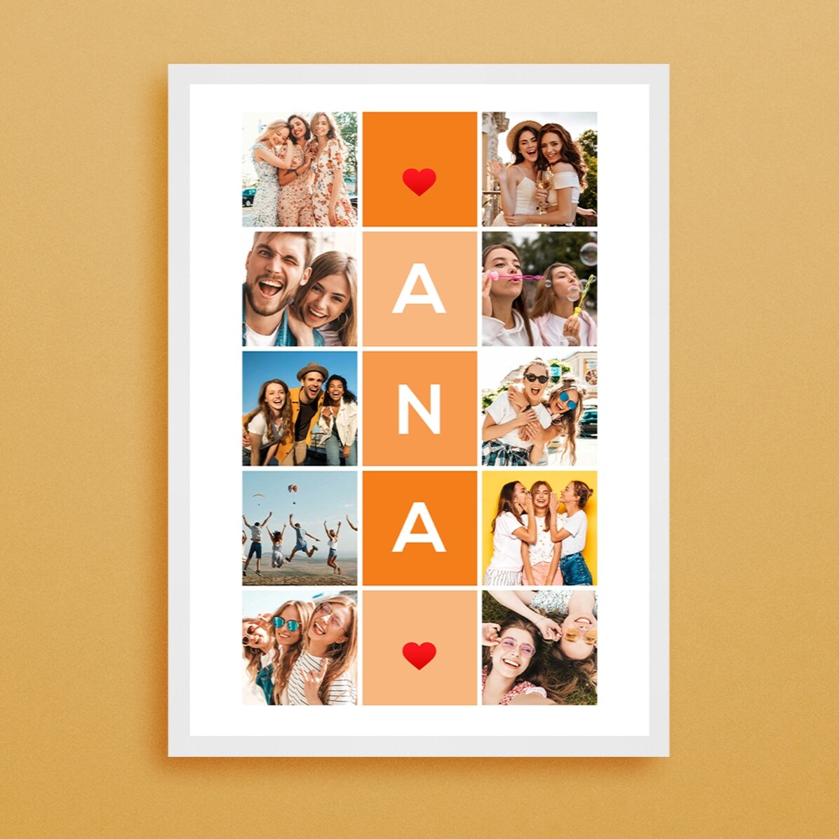 Gepersonaliseerd schilderij met 10 foto’s en een naam van 5 letters