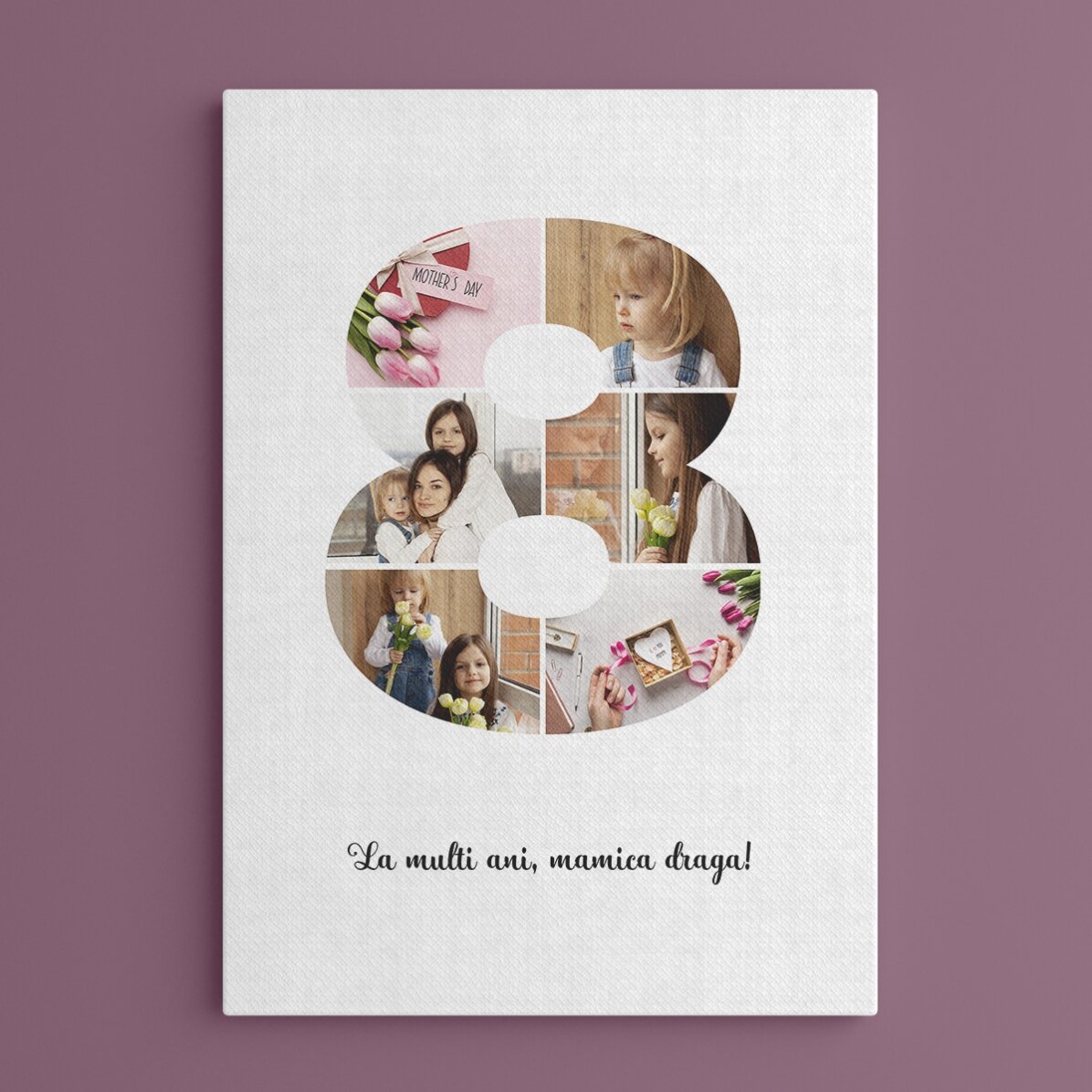 Personalised canvas with 6 photos, model number 8, and text message
