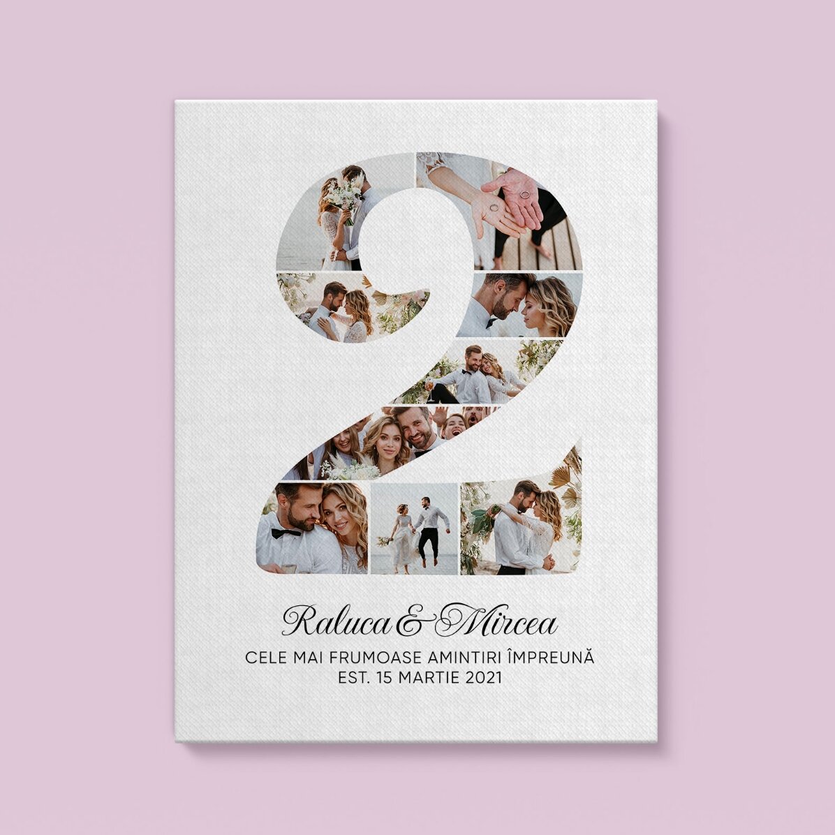 Gepersonaliseerd schilderij met het cijfer 2, foto’s en een boodschap – Jubileum van de relatie