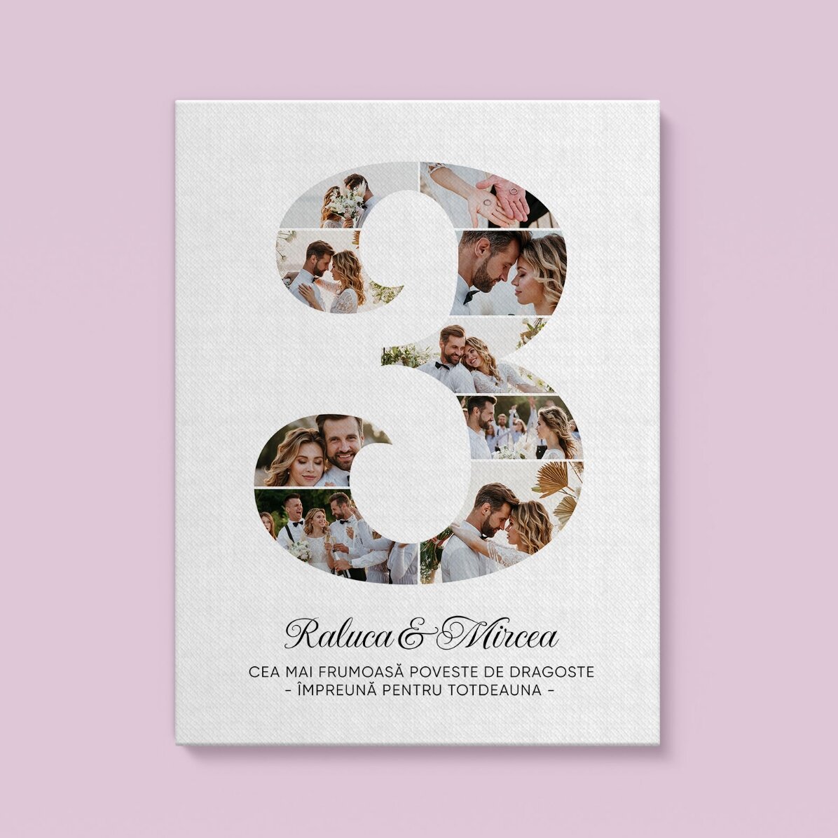 Gepersonaliseerd schilderij met het cijfer 3, foto’s en een boodschap – Verjaardag van de relatie