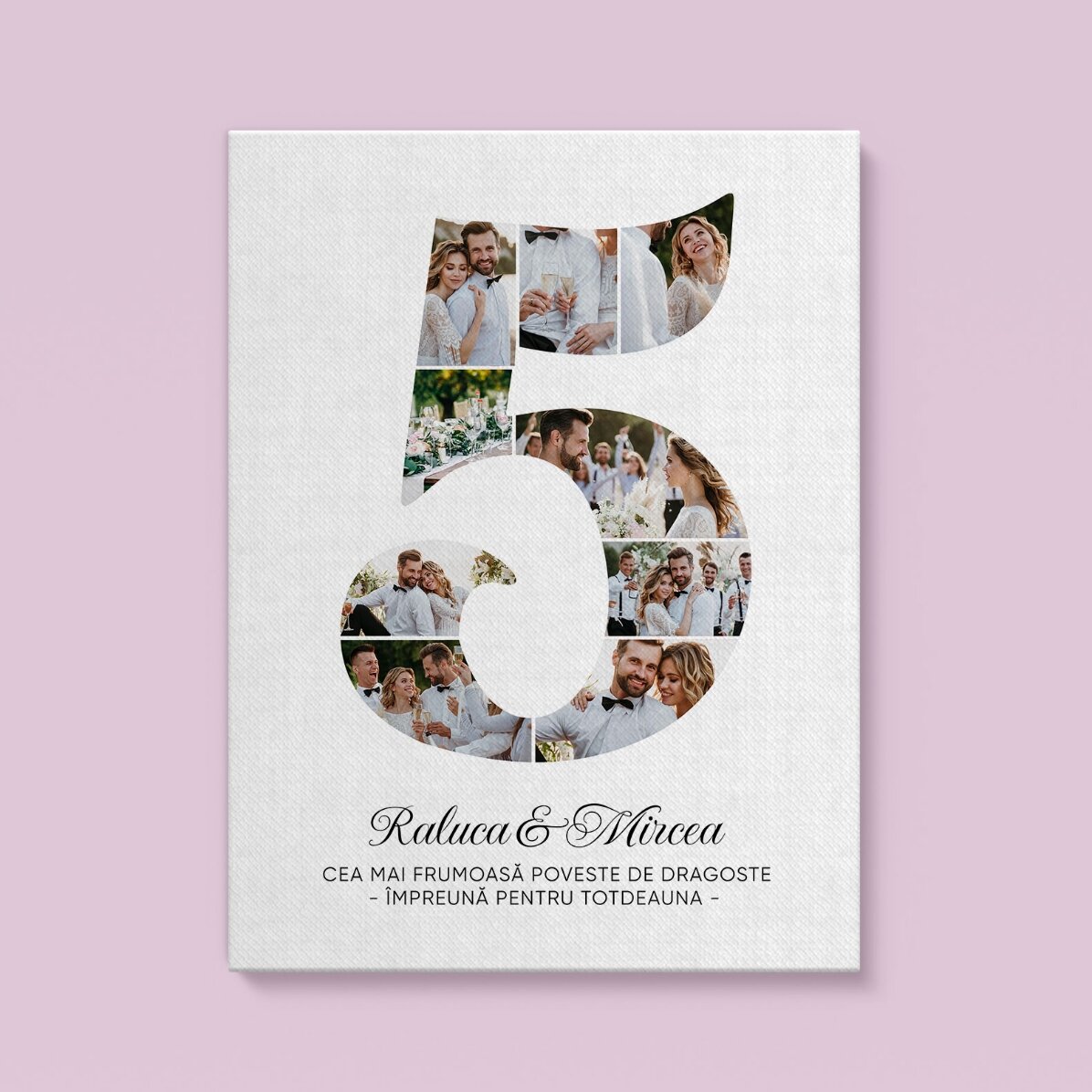 Gepersonaliseerd schilderij met het cijfer 5, foto’s en een boodschap – Jubileum van de relatie