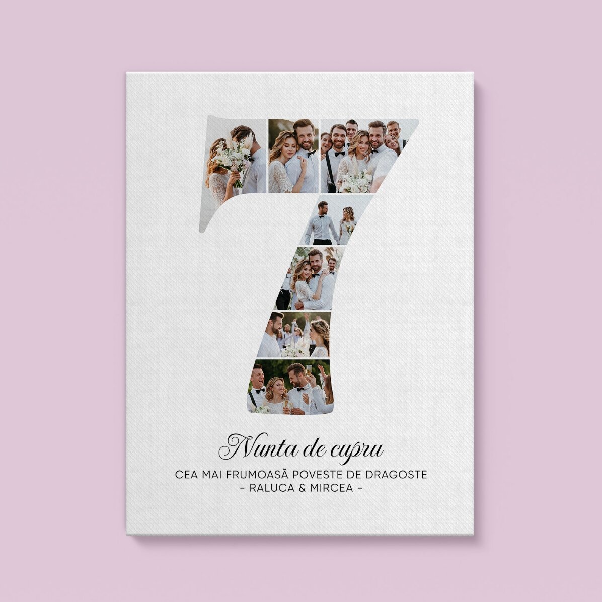 Gepersonaliseerd schilderij met het cijfer 7, foto’s en een boodschap – Jubileum van de relatie