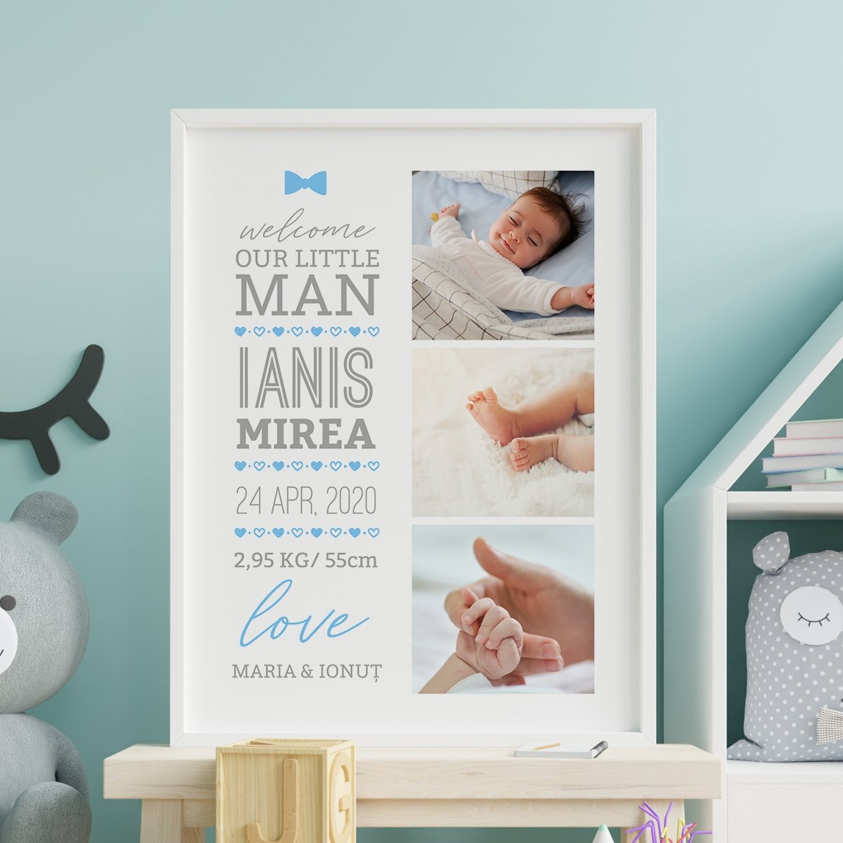 Personalised canvas with text and 3 photos - Hello, baby (Boy)