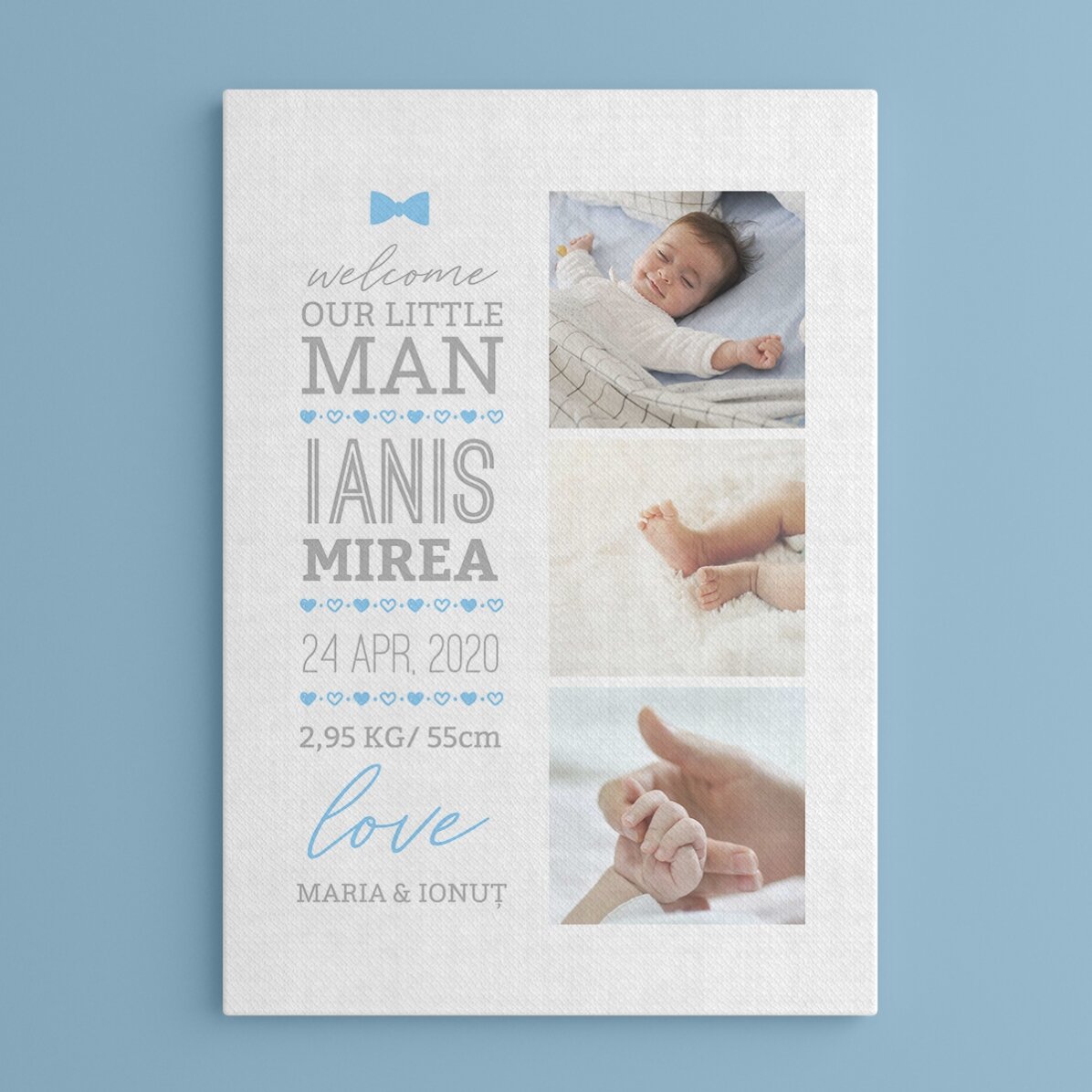 Personalised canvas with text and 3 photos - Hello, baby (Boy)