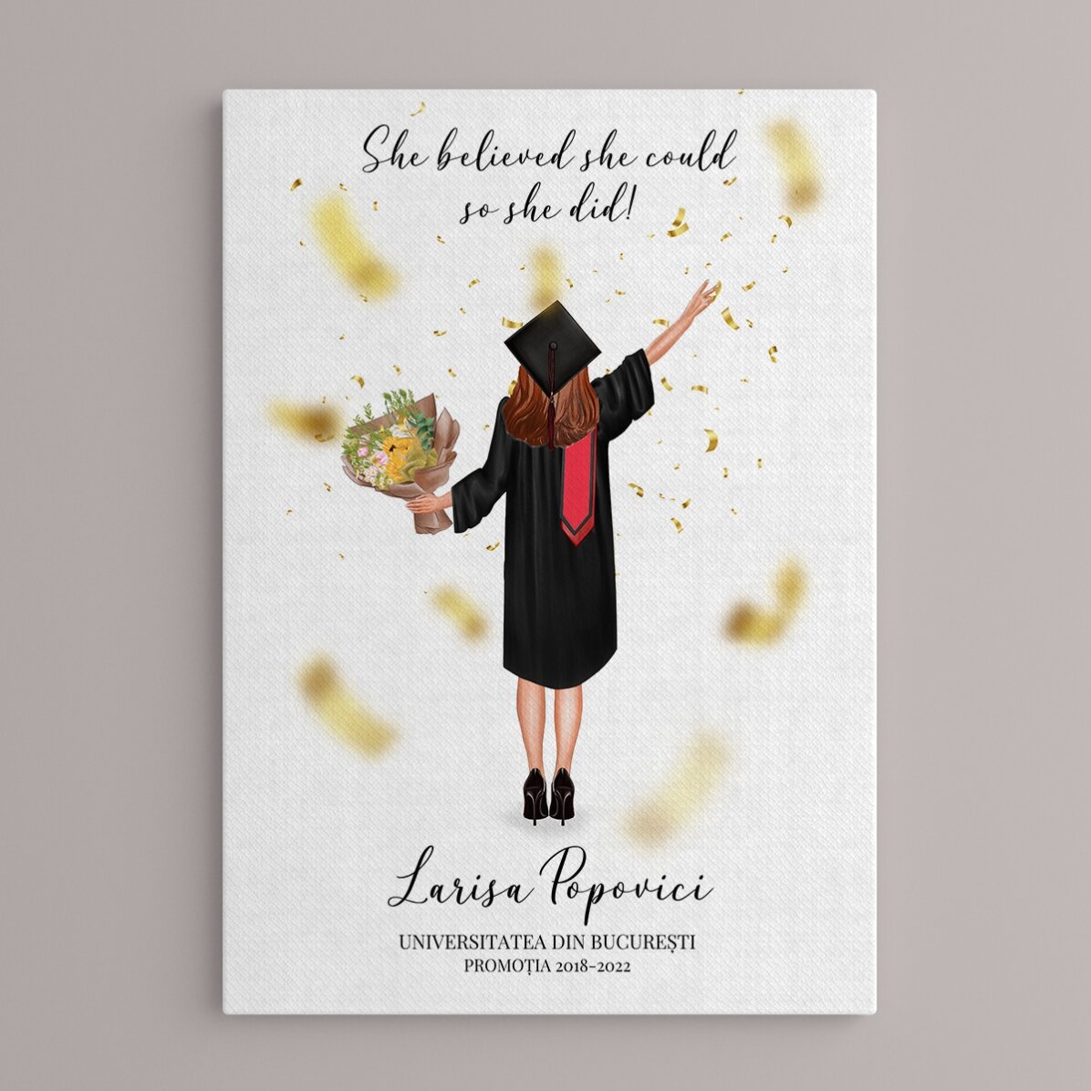 Gepersonaliseerd schilderij met tekst en aangepaste haarkleur voor het afstuderen