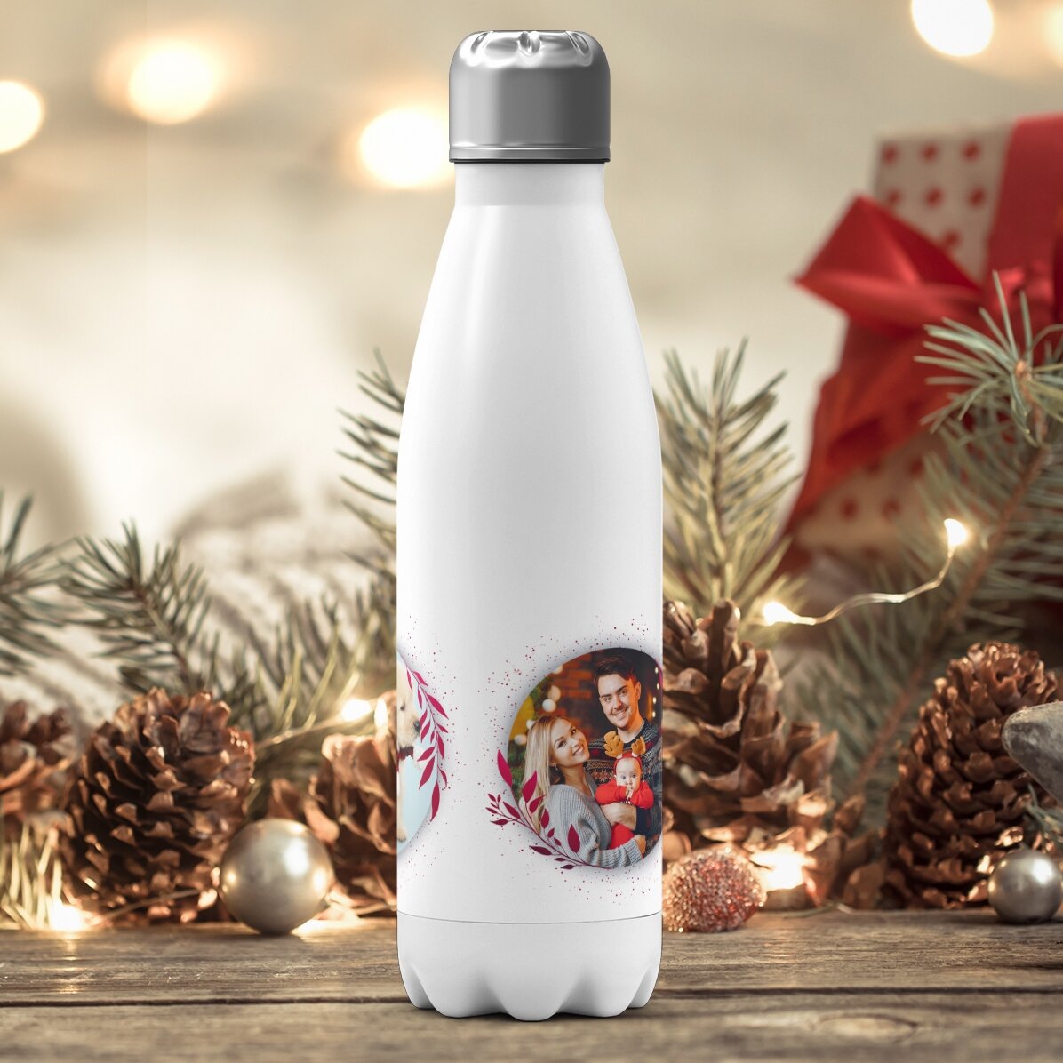 Personalised thermos flask with white base and 3 photos - White Christmas