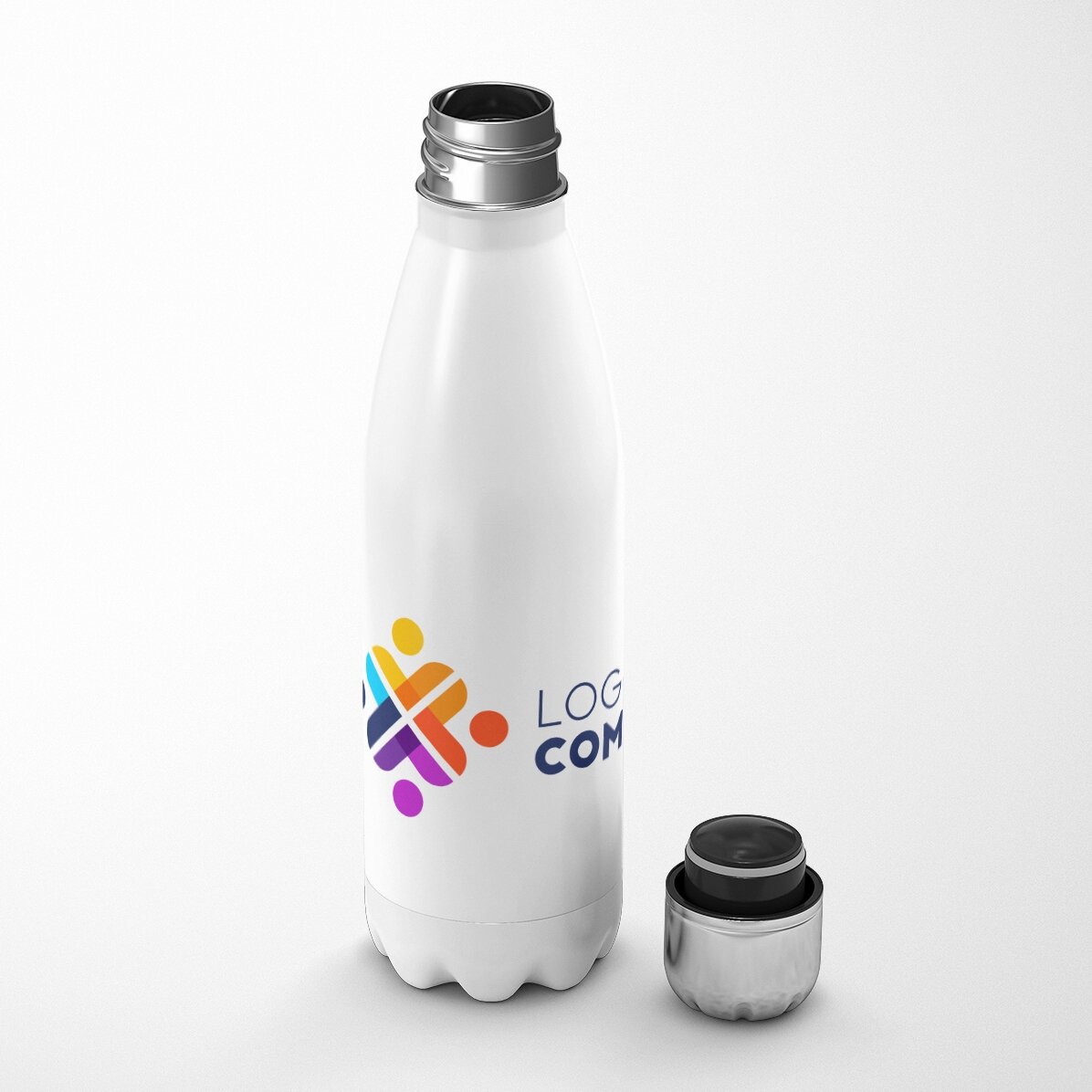 Gepersonaliseerde thermosfles met witte bodem en logo in liggende afbeelding