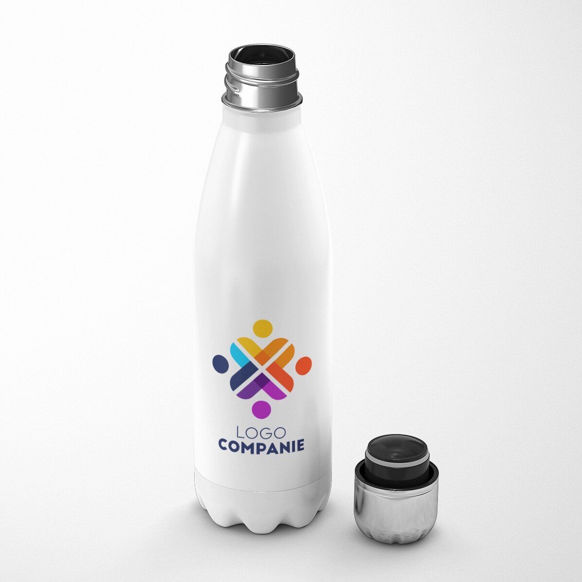 Thermosfles met witte bodem, gepersonaliseerd met logo en naam