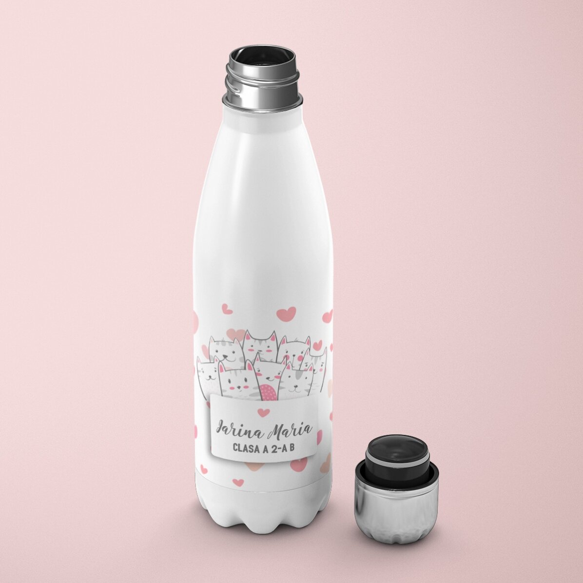 Thermosfles met witte bodem, gepersonaliseerd met naam - Kitty