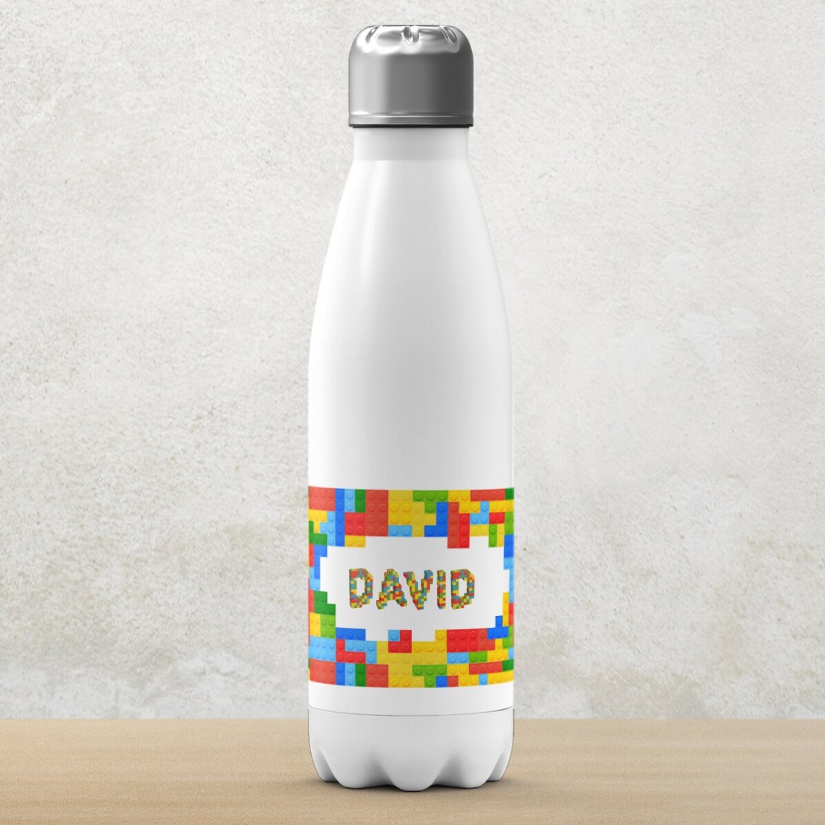 Thermos with white base personalised with name - Lego
