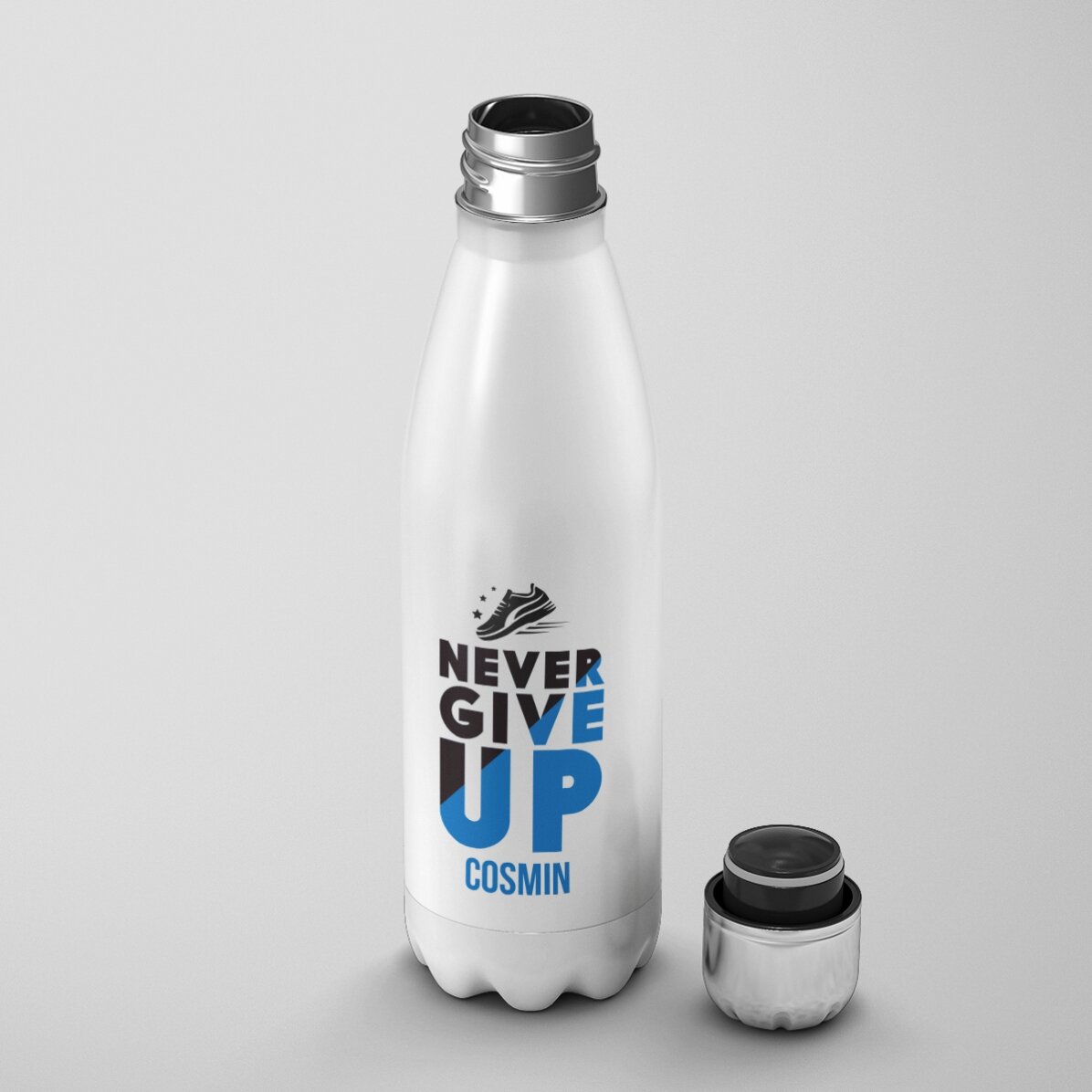 Gepersonaliseerde thermosfles met witte bodem en naam - Never give up
