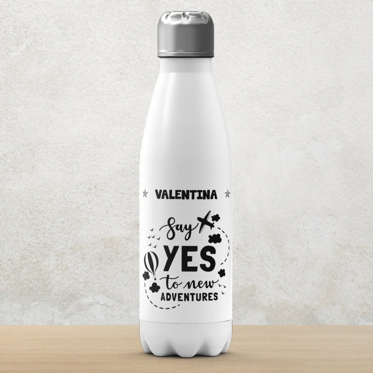 Thermosfles met witte bodem, gepersonaliseerd met naam - New Adventures