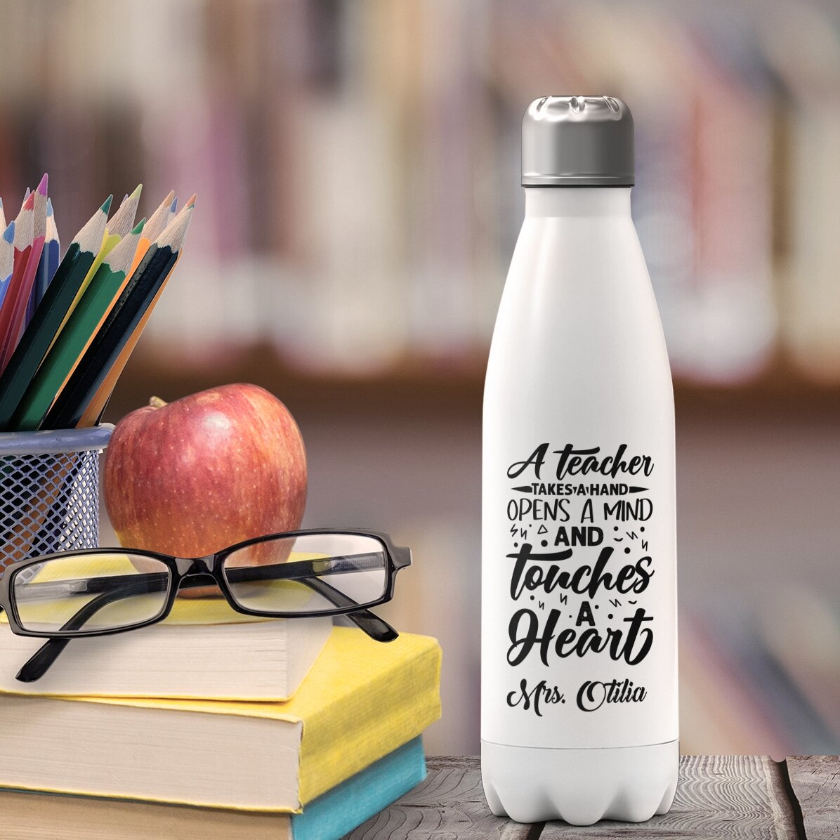 Gepersonaliseerde thermosfles met witte onderkant en naam voor leraren - Touch a heart