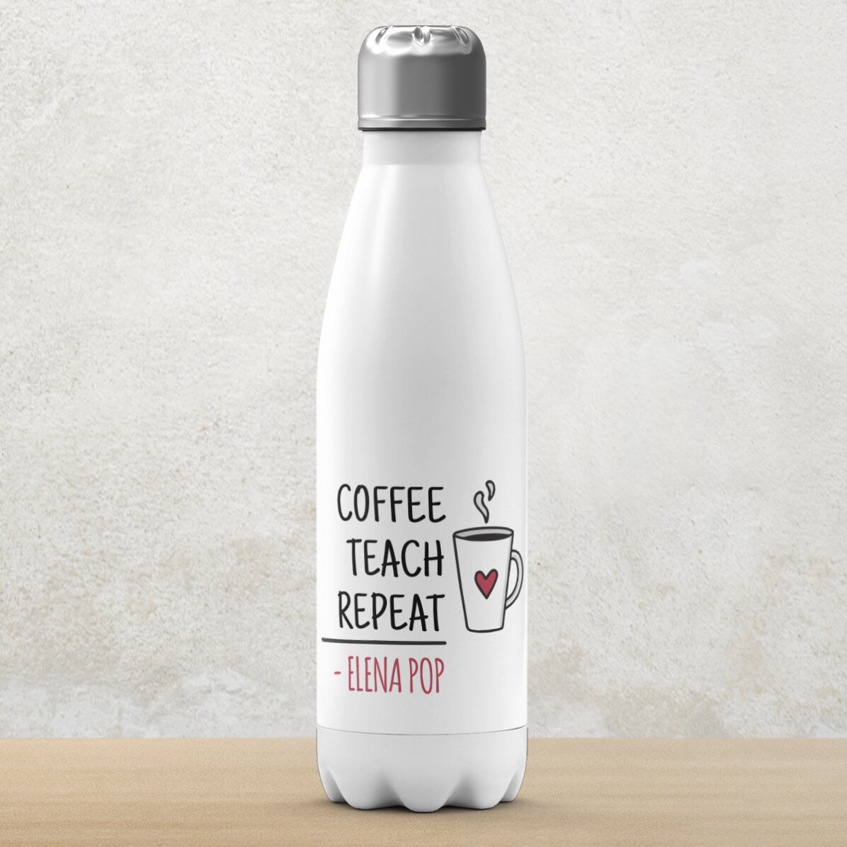 Thermosfles met witte bodem, gepersonaliseerd met naam voor leraren