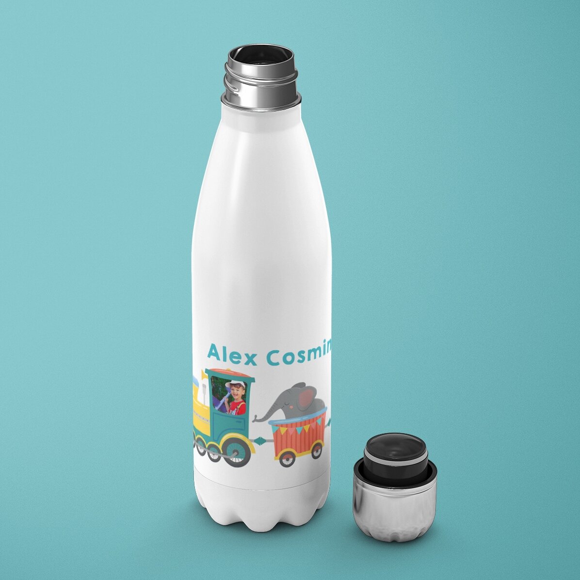 Thermosfles met witte bodem, gepersonaliseerd met naam - Treintje