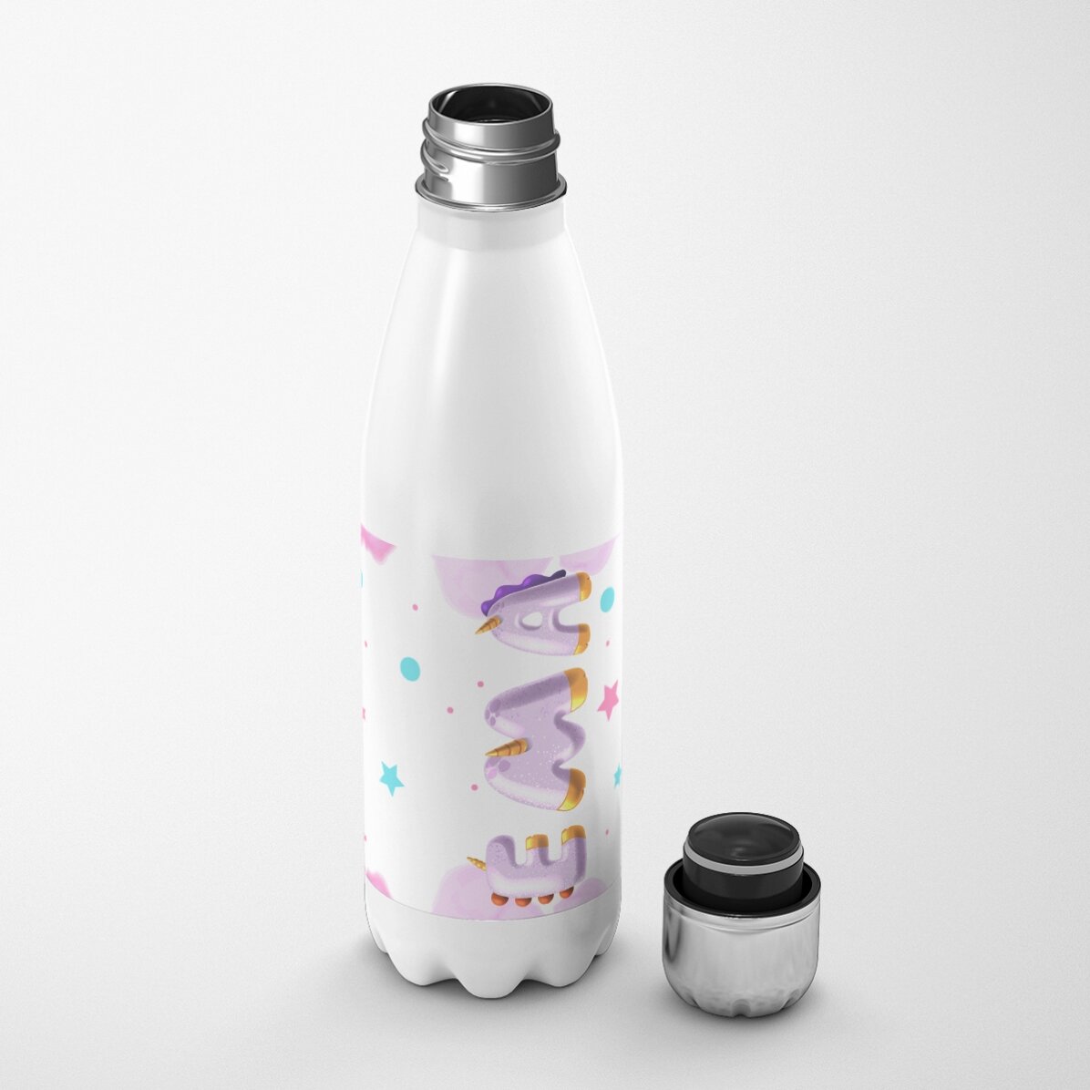 Thermos with white base personalised with name - Special Unicorn