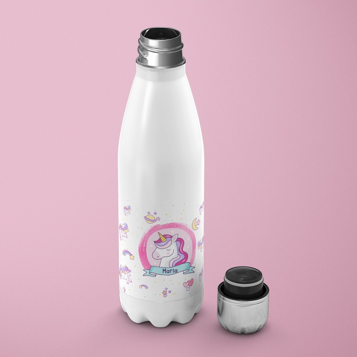 Thermos with white base personalised with name - Unicorns