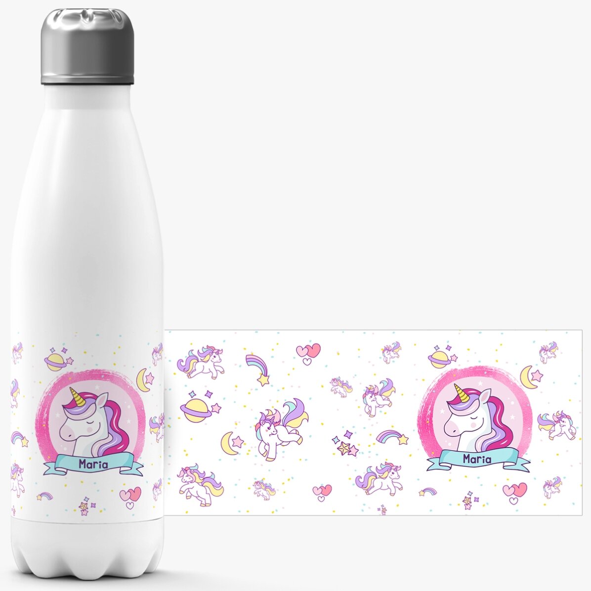 Thermos with white base personalised with name - Unicorns