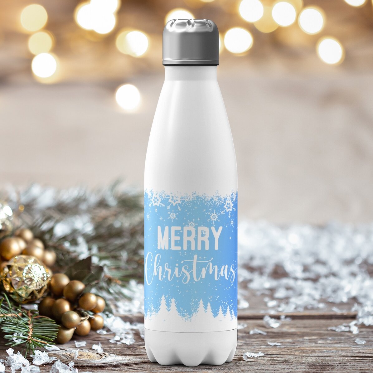 Thermosfles met witte bodem, gepersonaliseerd met naam - Winter