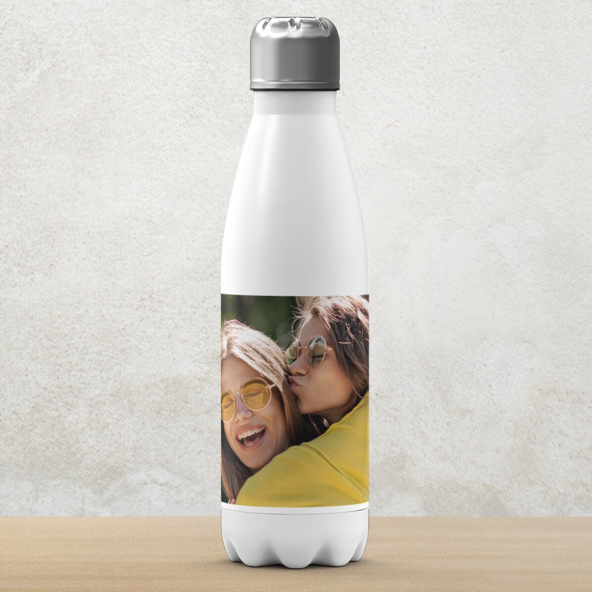 Thermosfles met witte onderkant, gepersonaliseerd met een landschapsfoto