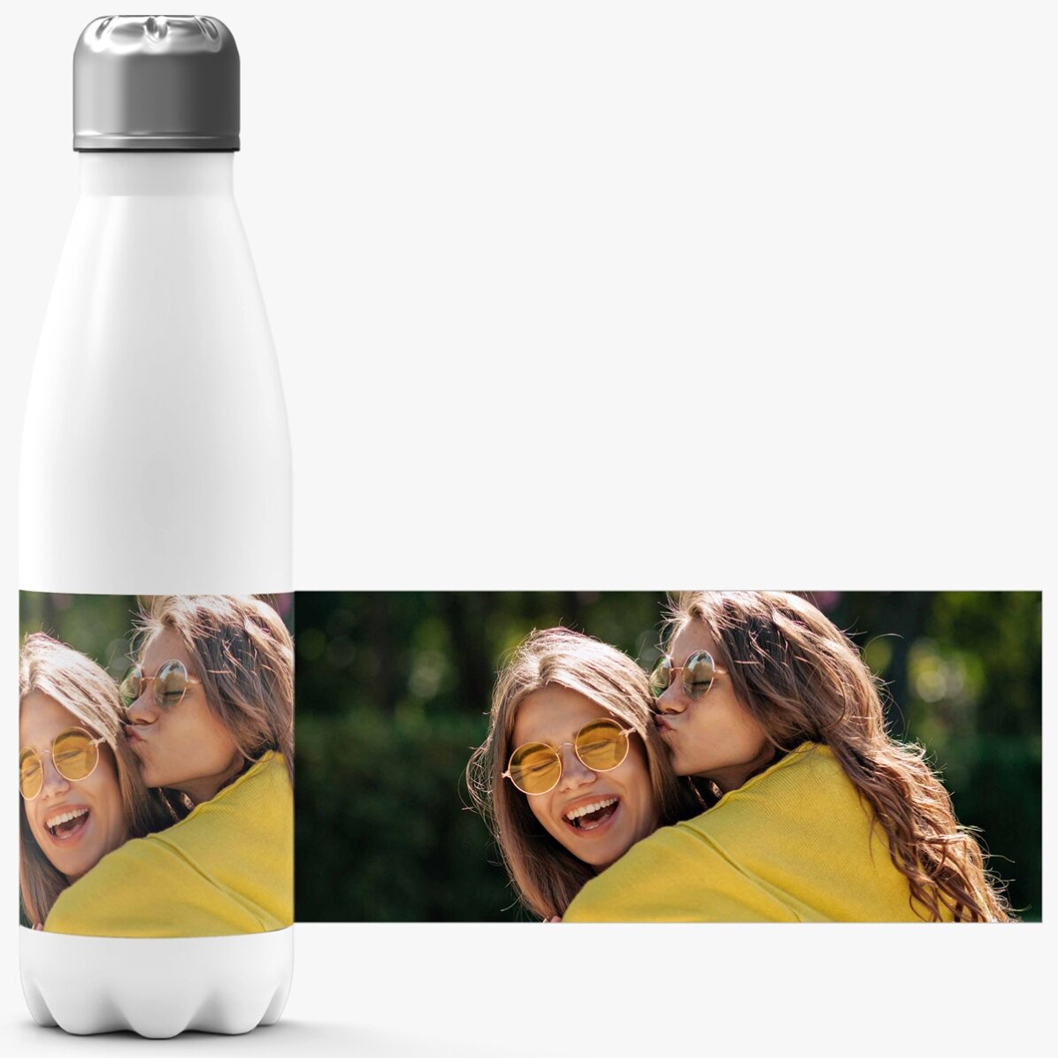 Thermosfles met witte onderkant, gepersonaliseerd met een landschapsfoto