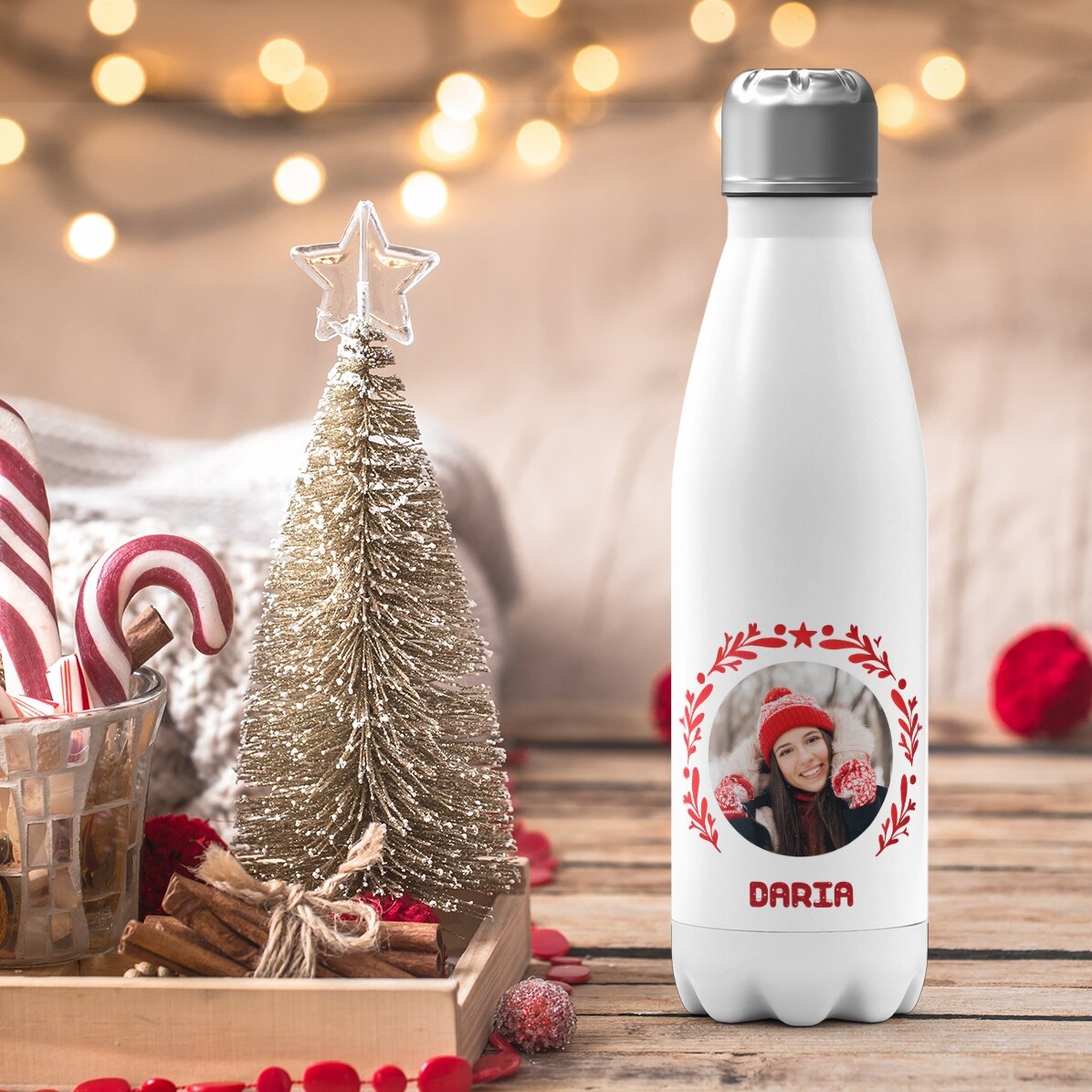 Gepersonaliseerde thermosfles met witte bodem, voorzien van foto en tekst – kerstmodel