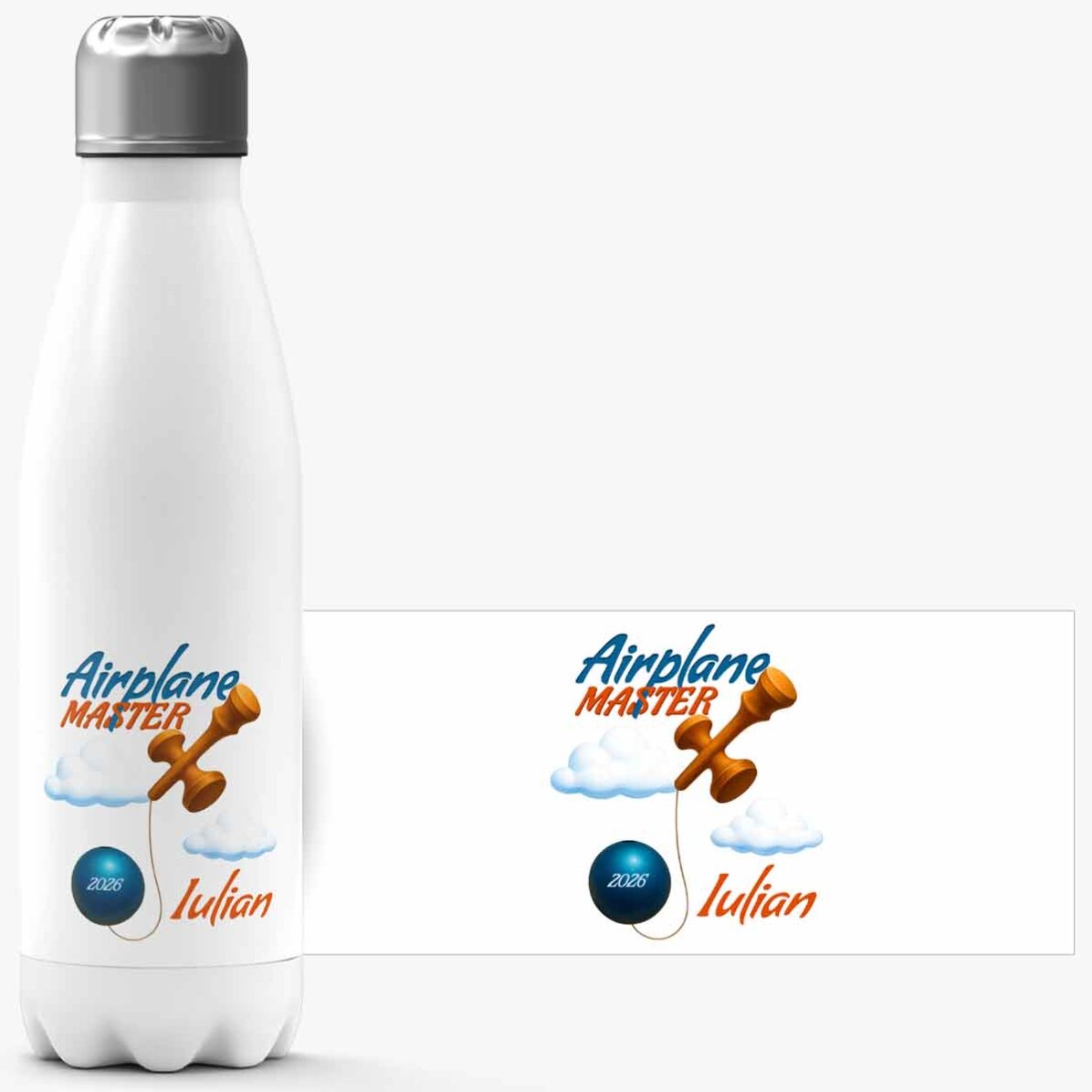 Gepersonaliseerde thermosfles met witte bodem en tekst - Airplane Master