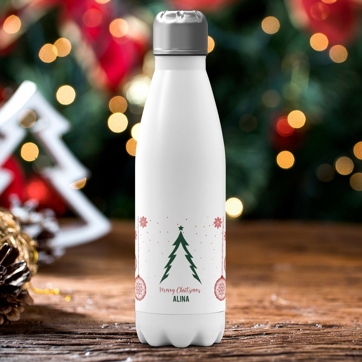 Gepersonaliseerde thermosfles met witte bodem en tekst - Kerstboom