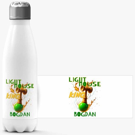 Thermos with white base personalised with text - Lighthouse King
