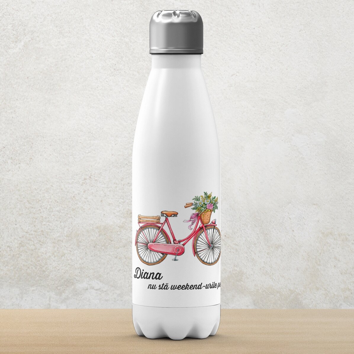 Gepersonaliseerde thermosfles met witte onderkant en tekst - retro fietsontwerp