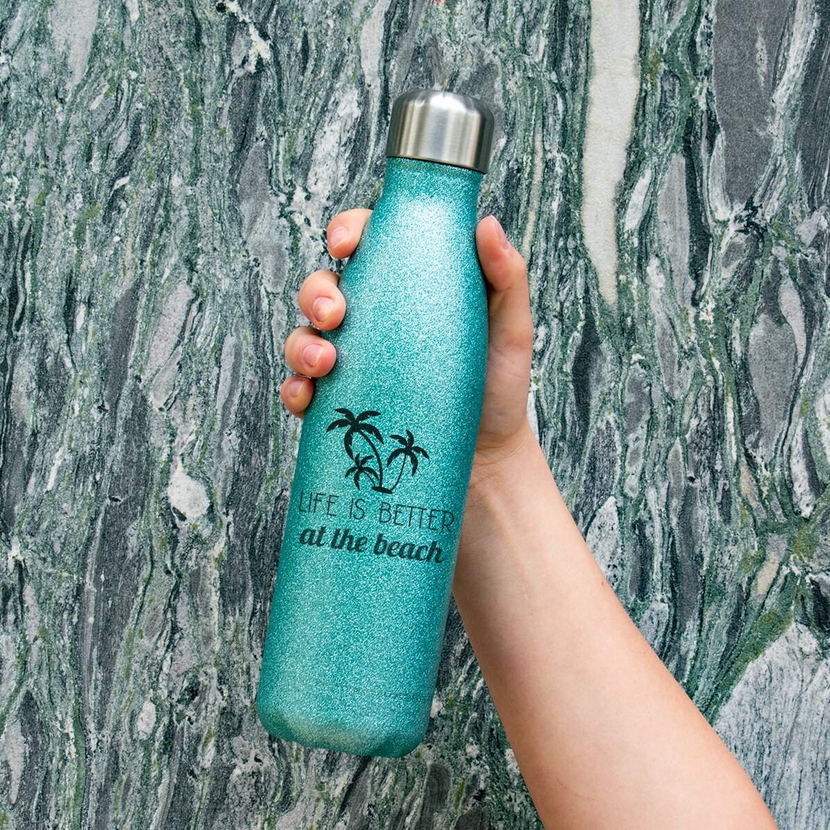 Personalised glitter thermos with text - Life is better at the beach