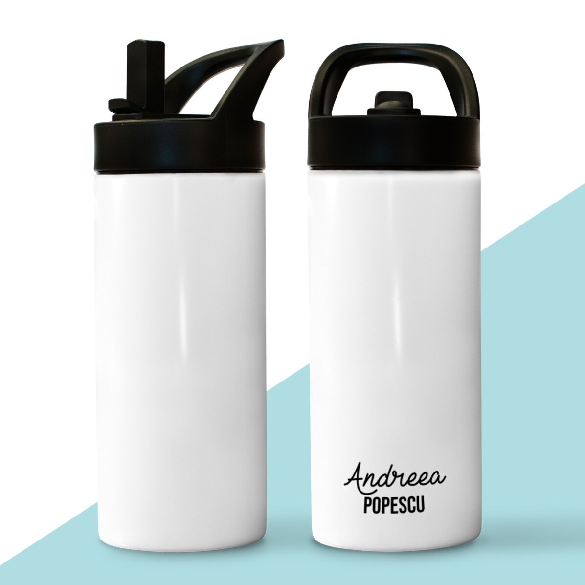 Thermosfles met handvat en gepersonaliseerd rietje met 2 regels tekst