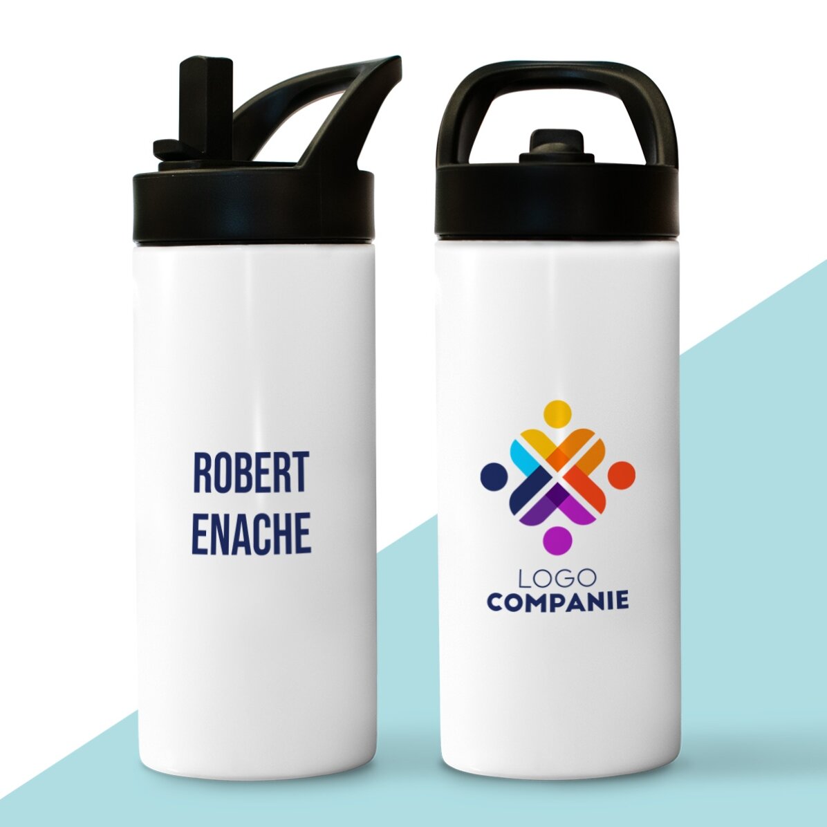 Thermosfles met handvat en rietje, gepersonaliseerd met logo en naam