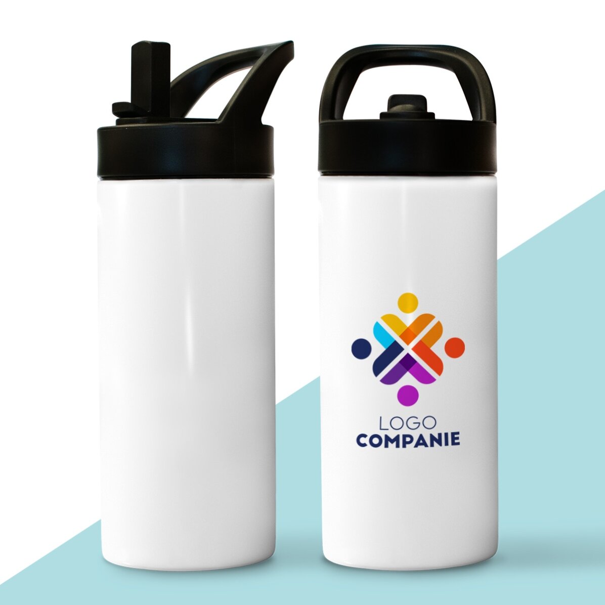 Thermosfles met handvat en rietje, gepersonaliseerd met logo