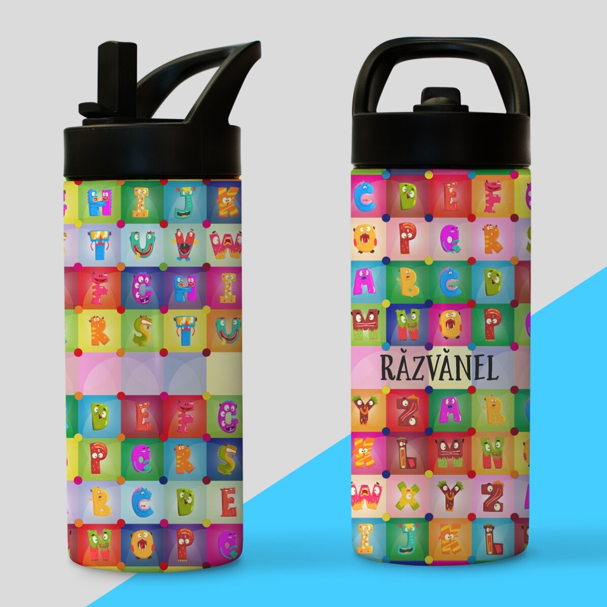 Thermosfles met handvat en rietje, gepersonaliseerd met naam - Alfabet