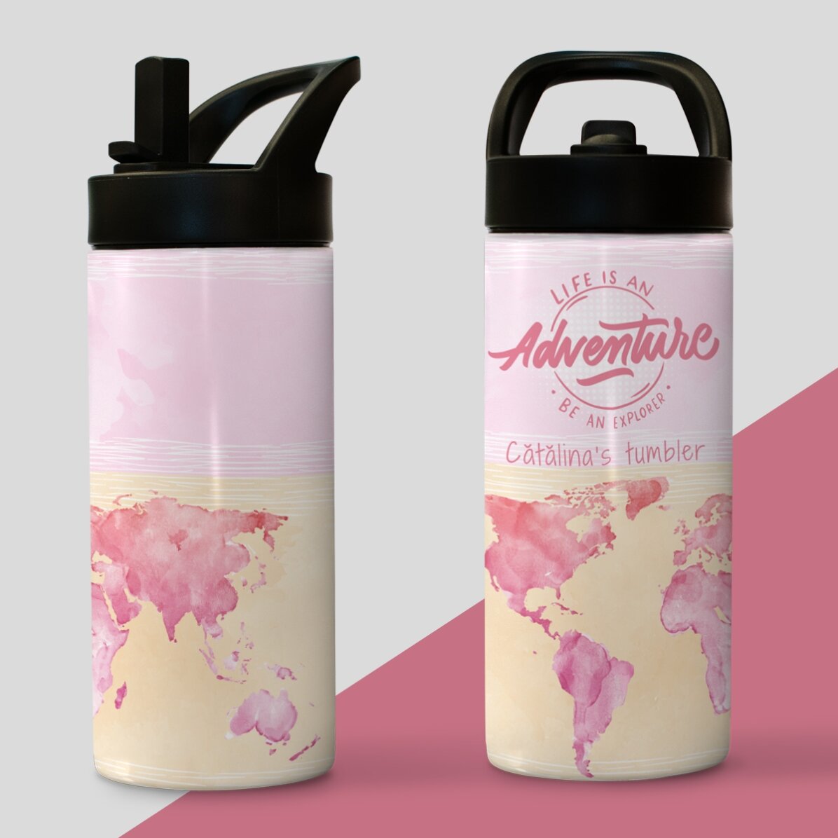 Thermosfles met handvat en rietje, gepersonaliseerd met naam - Be an explorer