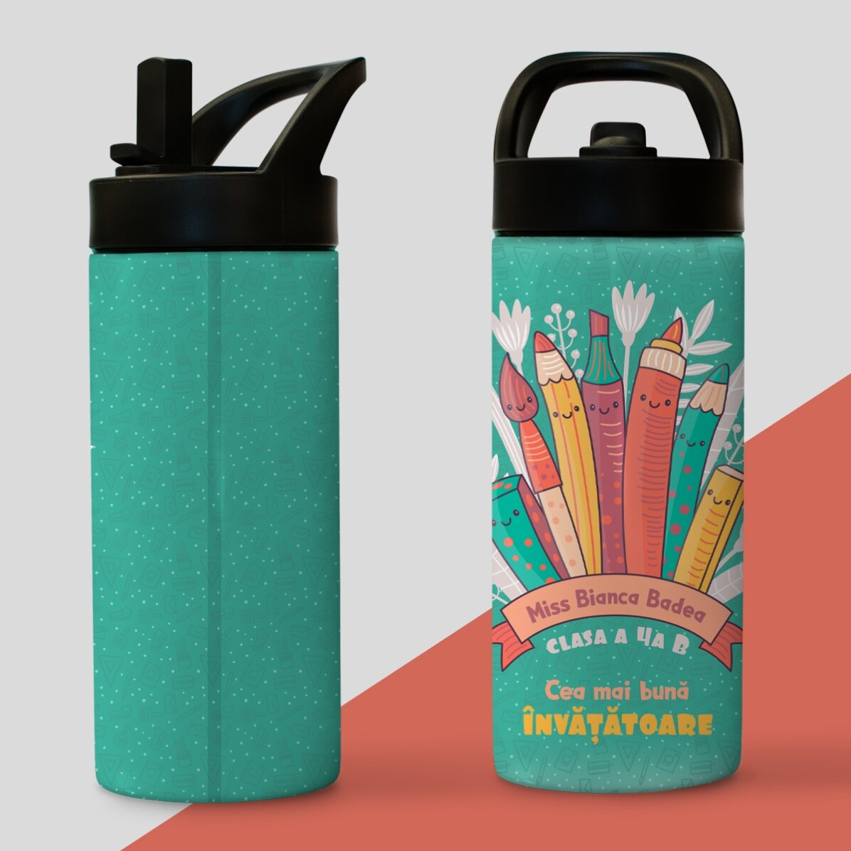 Thermosfles met handvat en rietje, gepersonaliseerd met naam - De beste juf